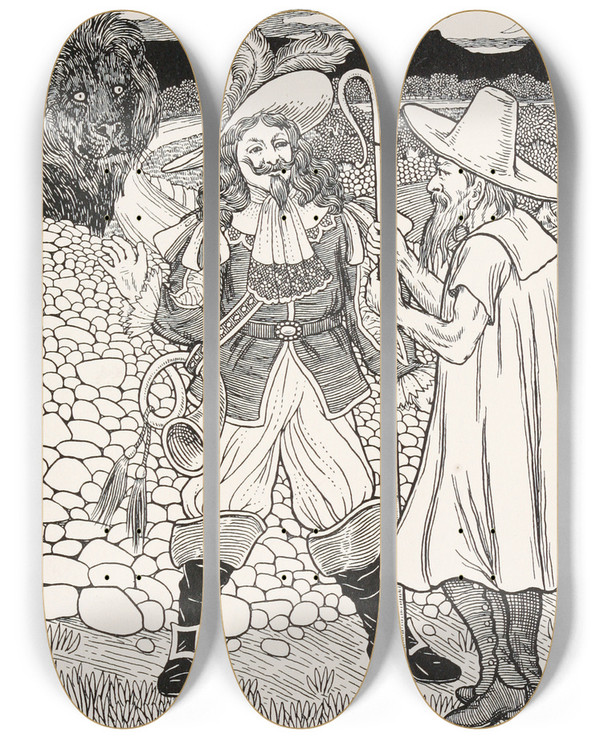 Triptych art skateboard deck of Percy J Billinghurst The Lion And The Hunter by Percy J Billinghurst (1871-1933)