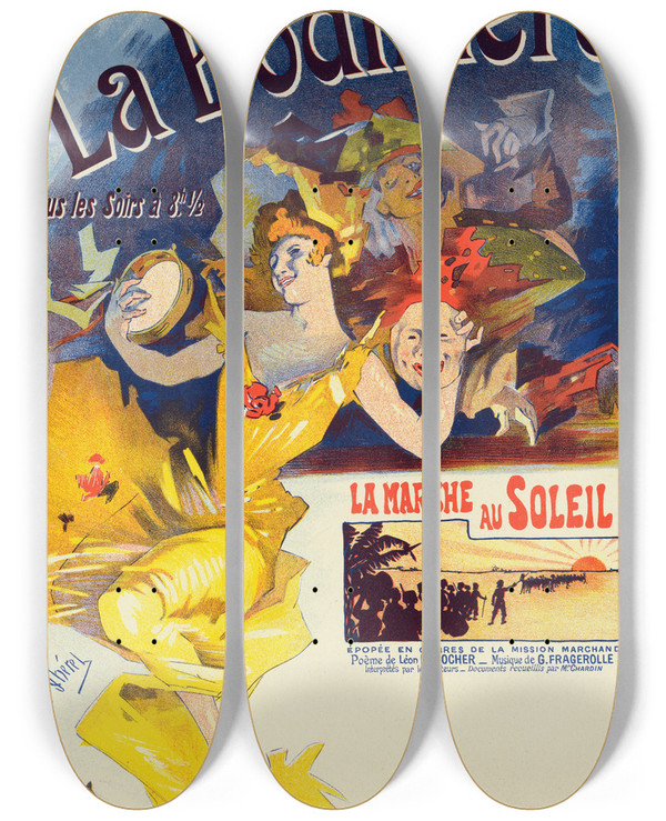 Triptych art skateboard deck of Jules Chret La Bodinire by Jules Cheret (1836-1932)