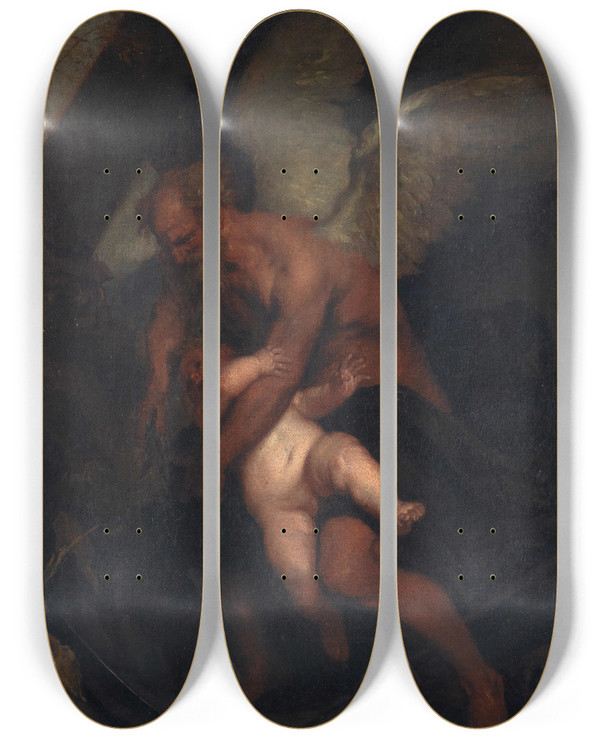 Triptych art skateboard deck of Caspar Netscher Time Clipping Cupids Wings by Caspar Netscher (1639-1684)