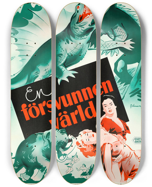 Triptych art skateboard deck of Eric Rohman One Million Bc by Eric Rohman (1891-1949)