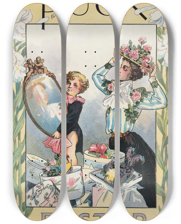 Triptych art skateboard deck of Charles Jay Taylor Puck Easter by Charles Jay Taylor (1855-1929)