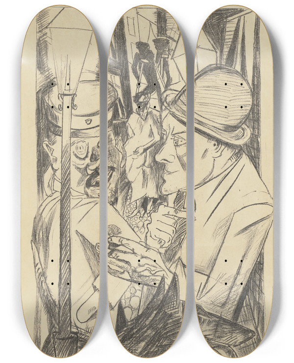 Triptych art skateboard deck of Max Beckmann The Way Home by Max Beckmann (1884-1950)