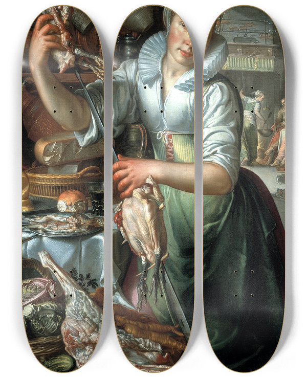Triptych art skateboard deck of Joachim Wtewael The Kitchen Maid by Joachim Wtewael (1566-1638)