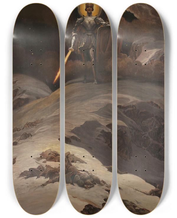 Triptych art skateboard deck of Alois Hans Schram Karpathenwacht by Alois Hans Schram (1864-1919)