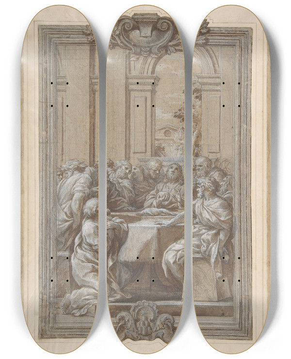 Triptych art skateboard deck of Ciro Ferri The Last Supper by Ciro Ferri (1634-1689)