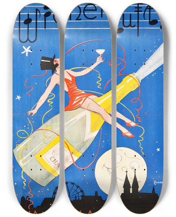 Triptych art skateboard deck of Eric Rohman Virtue by Eric Rohman (1891-1949)