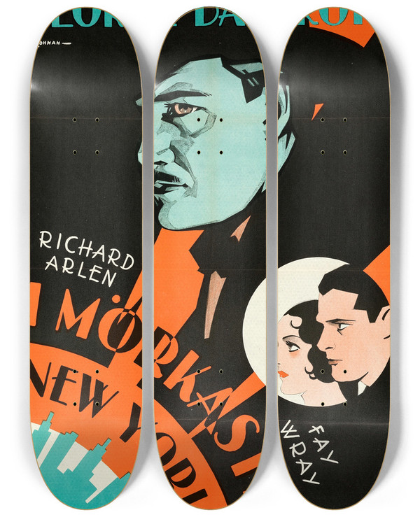 Triptych art skateboard deck of Eric Rohman Thunderbolt by Eric Rohman (1891-1949)