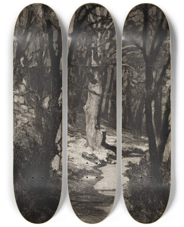 Triptych art skateboard deck of Max Klinger Im Walde Dramen Opus Ix Blatt 6 by Max Klinger (1857-1920)