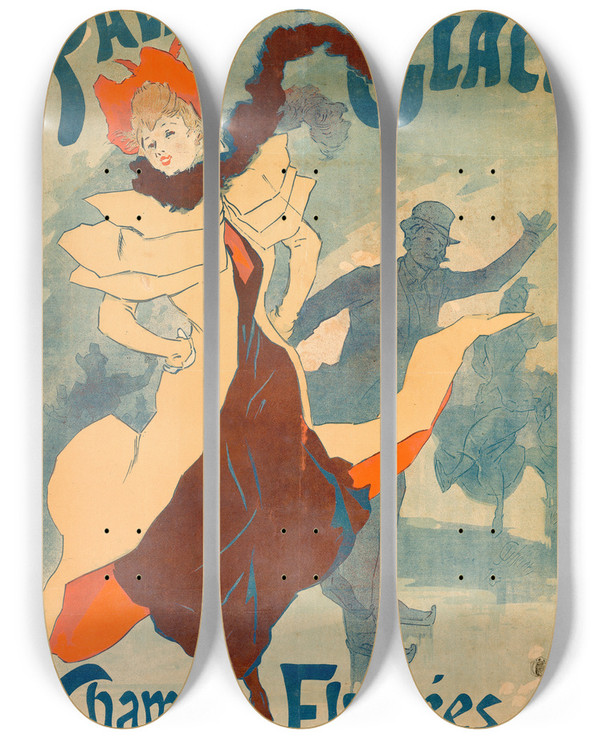 Triptych art skateboard deck of Jules Chret Ice Skating Rink by Jules Cheret (1836-1932)