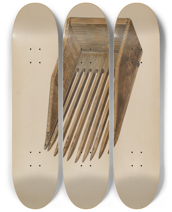 Triptych art skateboard deck of William Frank Cranberry Harvesting Scoop by William Frank
