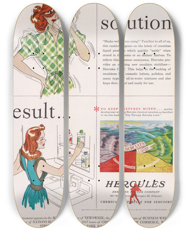 Triptych art skateboard deck of Hercules Incorporated Problem Solution Result Mayjuly by Hercules Incorporated (20-)
