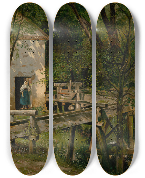 Triptych art skateboard deck of Eduard Majsch Mill by Eduard Majsch (1841-1904)