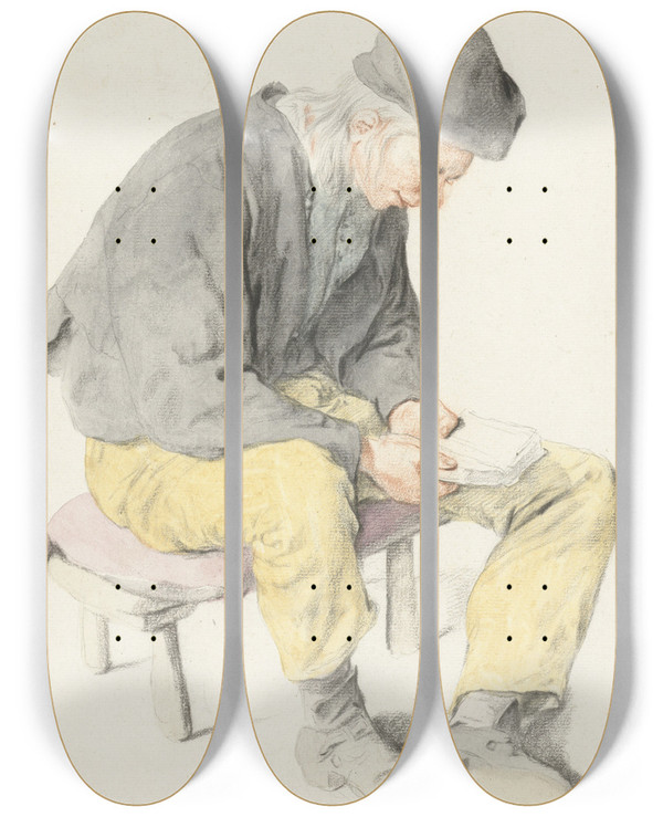 Triptych art skateboard deck of Cornelis Dusart Seated Man Reading Facing Right by Cornelis Dusart (1660-1704)