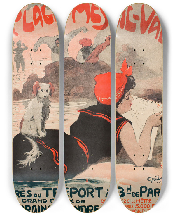 Triptych art skateboard deck of Julesalexandre Grn Chemin De Fer Du Nord Plage De Mesnilval by Jules-Alexandre Grn (1868-1934)
