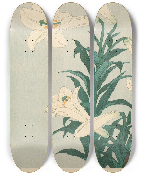 Triptych art skateboard deck of Ohara Koson Lilies by Ohara Koson (1877-1945)