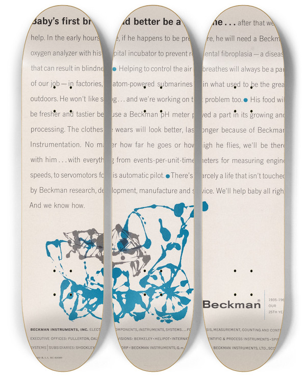 Triptych art skateboard deck of Beckman Instruments Babys First Breath Had Better Be A Good One by Beckman Instruments (20-)