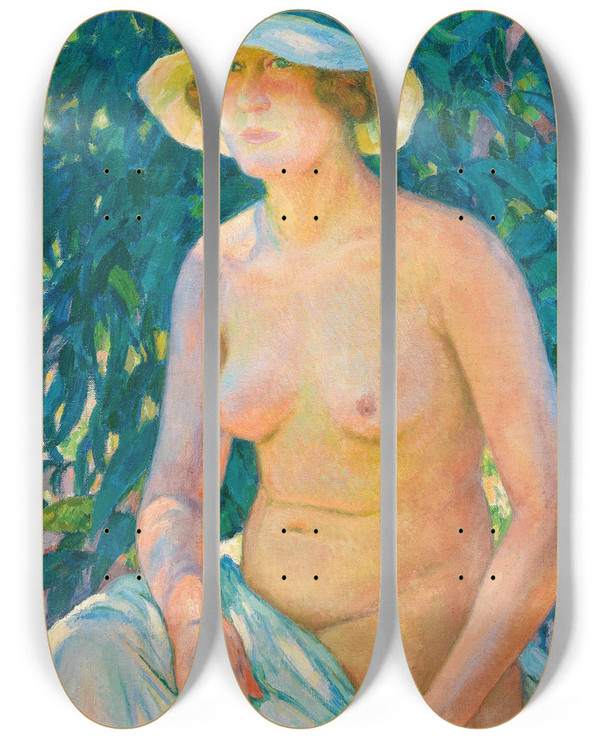 Triptych art skateboard deck of Theo Van Rysselberghe Nude With Panama by Theo Van Rysselberghe (1862-1926)