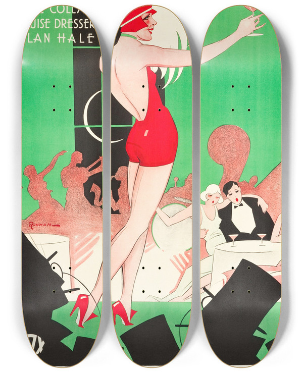 Triptych art skateboard deck of Eric Rohman Not Quite Decent by Eric Rohman (1891-1949)