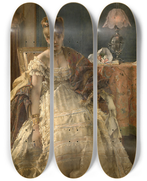 Triptych art skateboard deck of Alfred Stevens Desperate by Alfred Stevens (1817-1875)