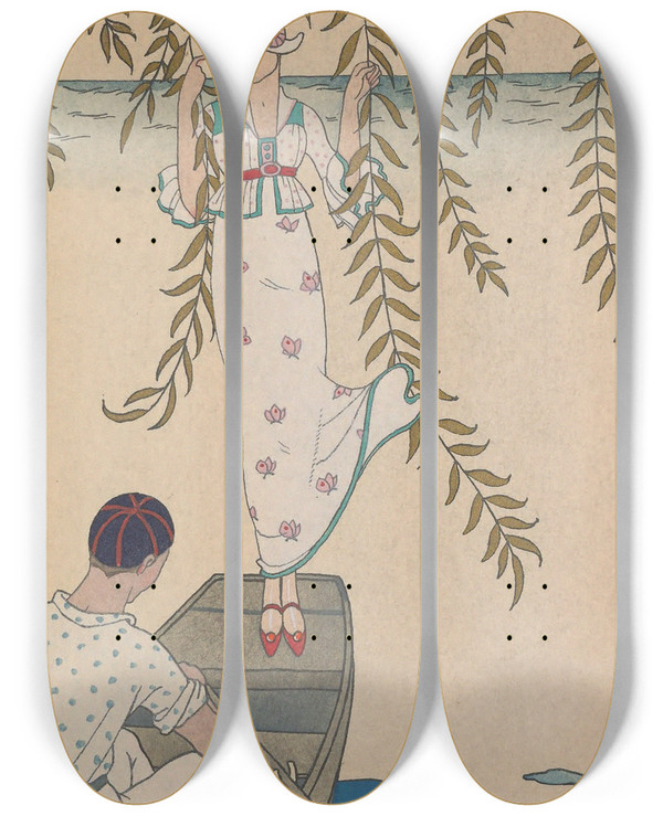 Triptych art skateboard deck of George Barbier Midi Sur Leau by George Barbier (1882-1932)