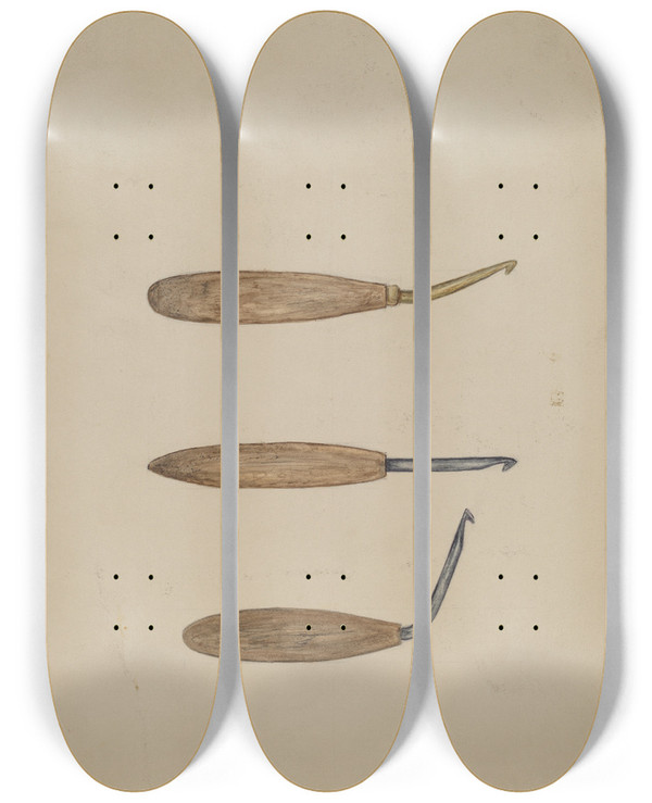 Triptych art skateboard deck of Mary Fitzgerald Rug Hooks by Mary Fitzgerald