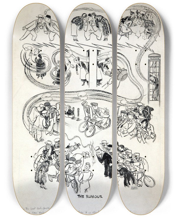 Triptych art skateboard deck of Thomas Derrick The Rumour by Thomas Derrick (1885-1954)