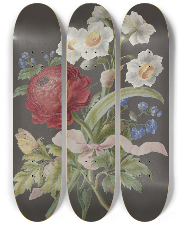 Triptych art skateboard deck of Barbara Regina Dietzsch Blumengebinde Mit Roter Ranunkel Ranunculus Weier Tazette Narcissus Tazetta Und Blauer Blume Mit Postillon by Barbara Regina Dietzsch (1706-1783)