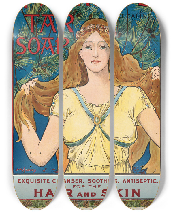 Triptych art skateboard deck of Louis Rhead Packers Tar Soap_1 by Louis Rhead (1857-1926)
