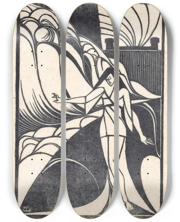 Triptych art skateboard deck of Bernard Essers Deirdre by Bernard Essers (1893-1945)
