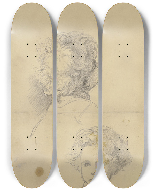Triptych art skateboard deck of Jakob Becker Study Sheet Boys Head by Jakob Becker (1810-1872)