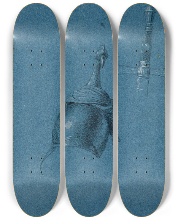 Triptych art skateboard deck of Johann Peter Krafft Studie Eines Helmes_1 by Johann Peter Krafft (1780-1856)