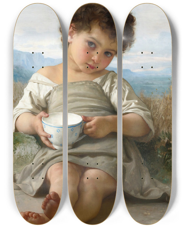 Triptych art skateboard deck of William Bouguereau La Tasse De Lait by William Bouguereau (1825-1905)