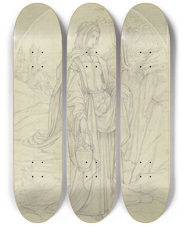 Triptych art skateboard deck of Leopold Bode Saint Elisabeth by Leopold Bode (1831-1906)