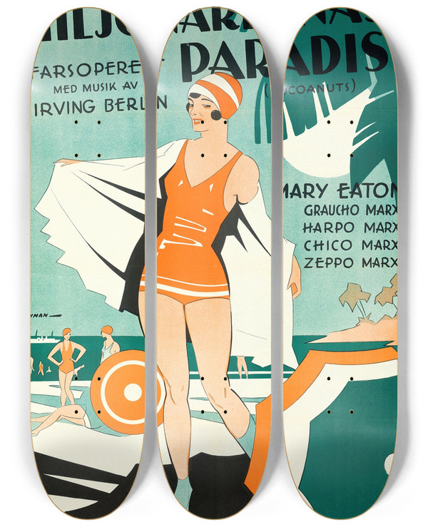 Triptych art skateboard deck of Eric Rohman The Cocoanuts by Eric Rohman (1891-1949)