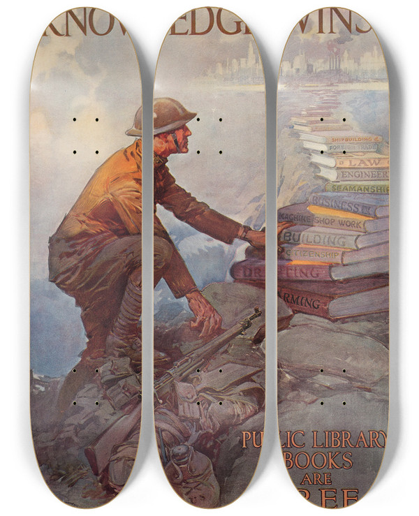Triptych art skateboard deck of Dan Smith Knowledge Wins by Dan Smith (1835-1934)