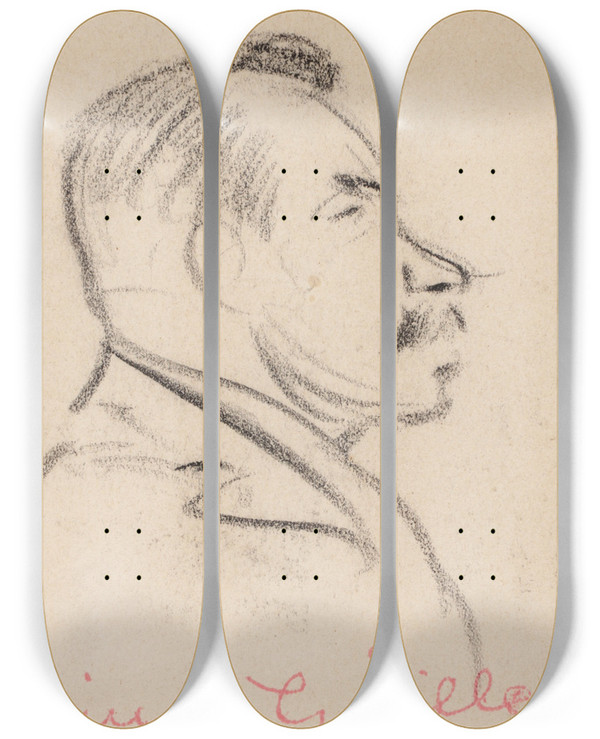 Triptych art skateboard deck of Heinrich Zille Mann Im Profil by Heinrich Zille (1858-1929)