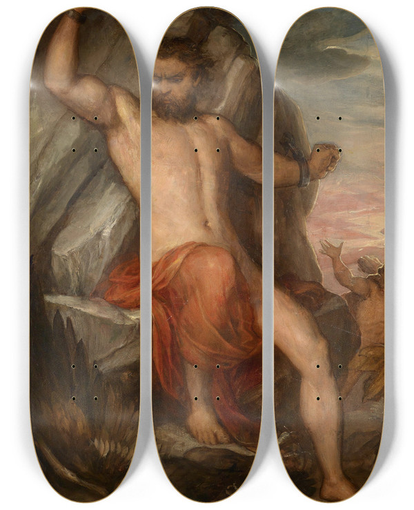 Triptych art skateboard deck of Carl Rahl Prometheus by Carl Rahl (1812-1865)