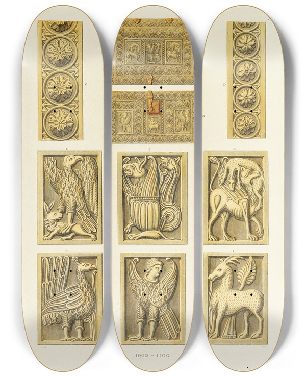 Triptych art skateboard deck of Carl Becker Kunstwerke Und Gerathschaften Des Mittelalters Und Der Renaissance Pl71 by Carl Becker (19-)