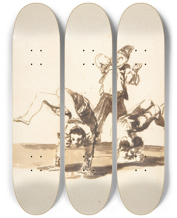 Triptych art skateboard deck of Francisco De Goya Three Acrobats by Francisco de Goya (1746-1828)