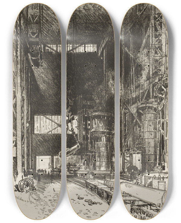 Triptych art skateboard deck of Joseph Pennell The New Gun Pit by Joseph Pennell (1857-1926)