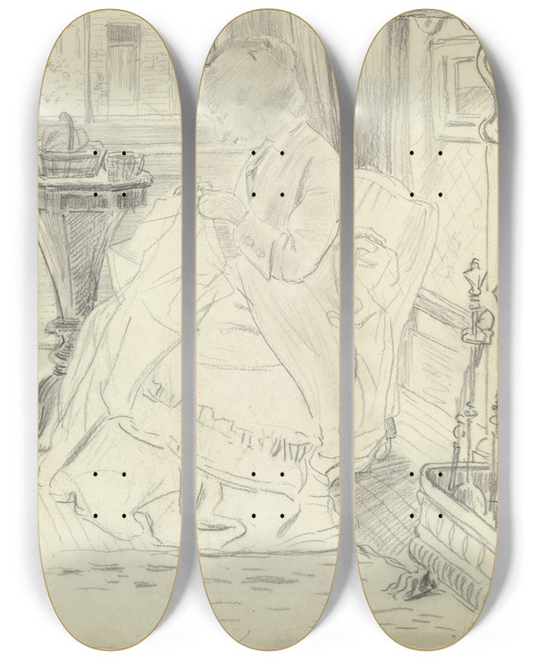 Triptych art skateboard deck of Otto Scholderer Luise Scholderer Am Nhtisch Mit Einer Handarbeit_1 by Otto Scholderer (1834-1902)