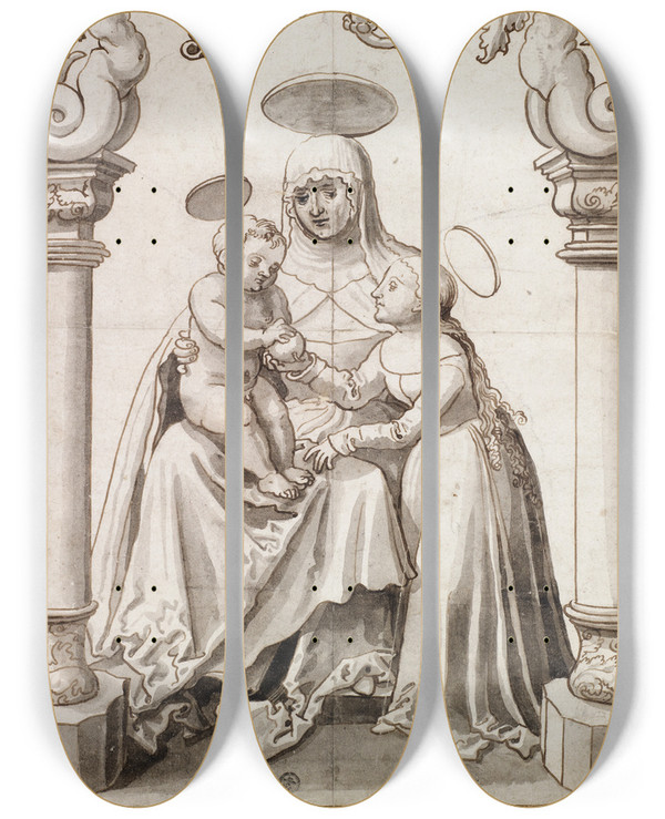 Triptych art skateboard deck of Antoni Glaser Scheibenriss Mit Der Hl Anna Selbdritt by Antoni Glaser (1480-8515)