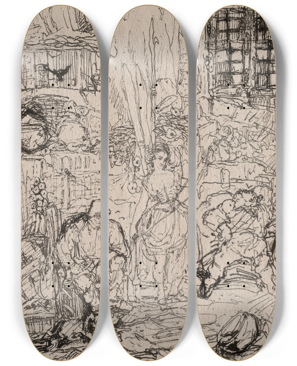 Triptych art skateboard deck of Rodolphe Bresdin Spinners Interior by Rodolphe Bresdin (1822-1885)