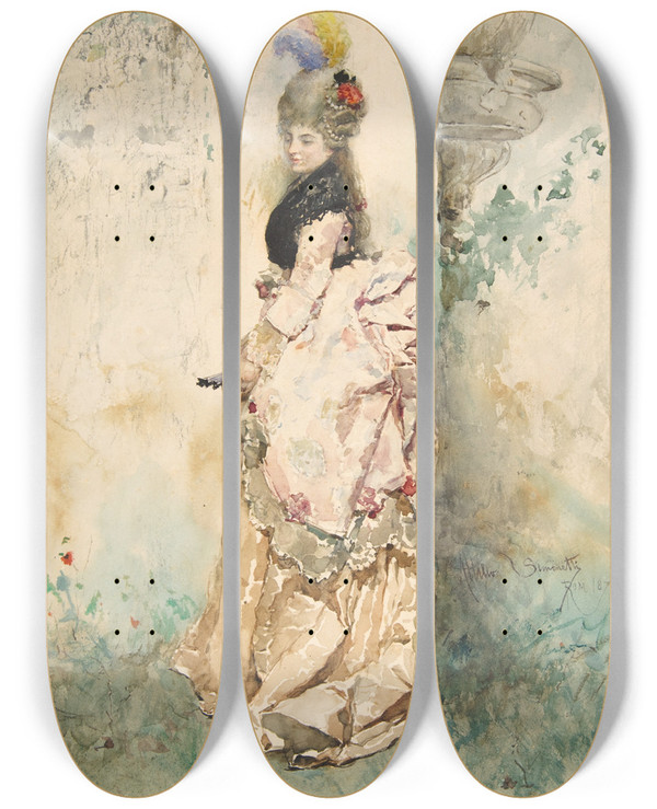 Triptych art skateboard deck of Attilio Simonetti The Rendezvous by Attilio Simonetti (1843-1925)