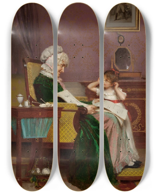 Triptych art skateboard deck of Louis Emile Adan The First Lesson by Louis Emile Adan (1839-1937)