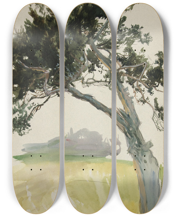 Triptych art skateboard deck of Edwin Austin Abbey Study Of A Tree Andfield by Edwin Austin Abbey (1852-1911)