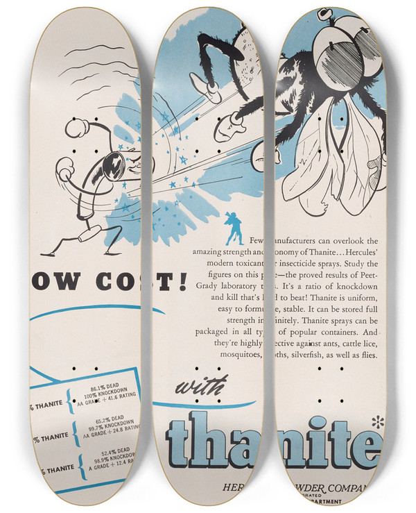 Triptych art skateboard deck of Hercules Incorporated High Killlow Cost by Hercules Incorporated (20-)