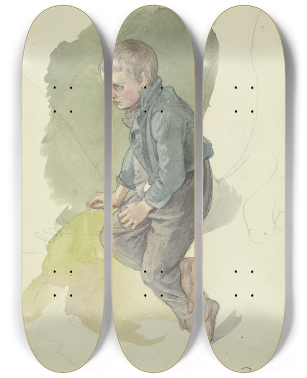 Triptych art skateboard deck of Jakob Becker Sitzender Bauernjunge Aus Berod Im Westerwald by Jakob Becker (1810-1872)