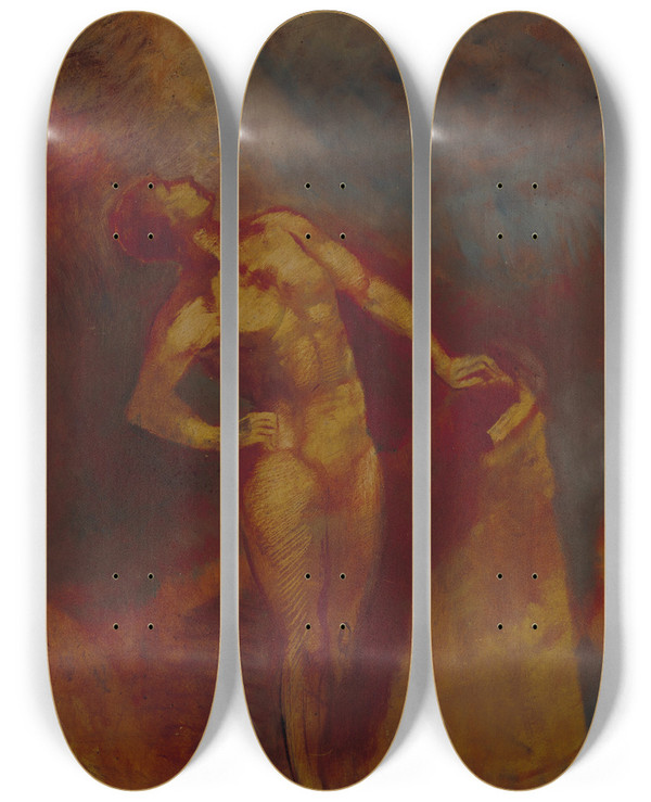 Triptych art skateboard deck of Odilon Redon Esquisse Pour Le Char Dapollon by Odilon Redon (1840-1916)