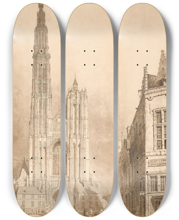 Triptych art skateboard deck of Thomas Sidney Cooper View Of Antwerp Cathedral by Thomas Sidney Cooper (1803-1902)